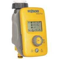 Gelbes automatisches Bewässerungsgerät mit Display und Drehregler zur Programmierung von Bewässerungszeiten; Marke: Hozelock Select Plus.